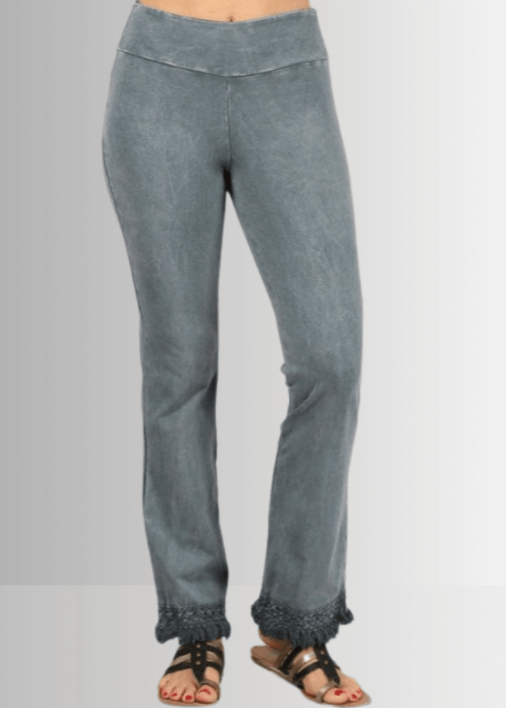 USA Made Women's Misses Mineral Washed Cotton Cropped Straight Leg Pants Jeggings with Crochet Fringed Hem  | P30374 | Classy Cozy Cool Made in USA Boutique