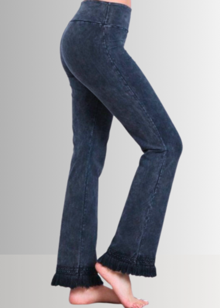 Denim Look USA Made Ladies Mineral Washed Cropped Straight Leg Pants with Crochet Fringe Hem | Style P30374 | Classy Cozy Cool Women's Made in America Clothing Boutique