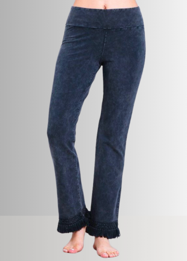 Denim Look USA Made Ladies Mineral Washed Cropped Straight Leg Pants with Crochet Fringe Hem | Style P30374 | Classy Cozy Cool Women's Made in America Clothing Boutique