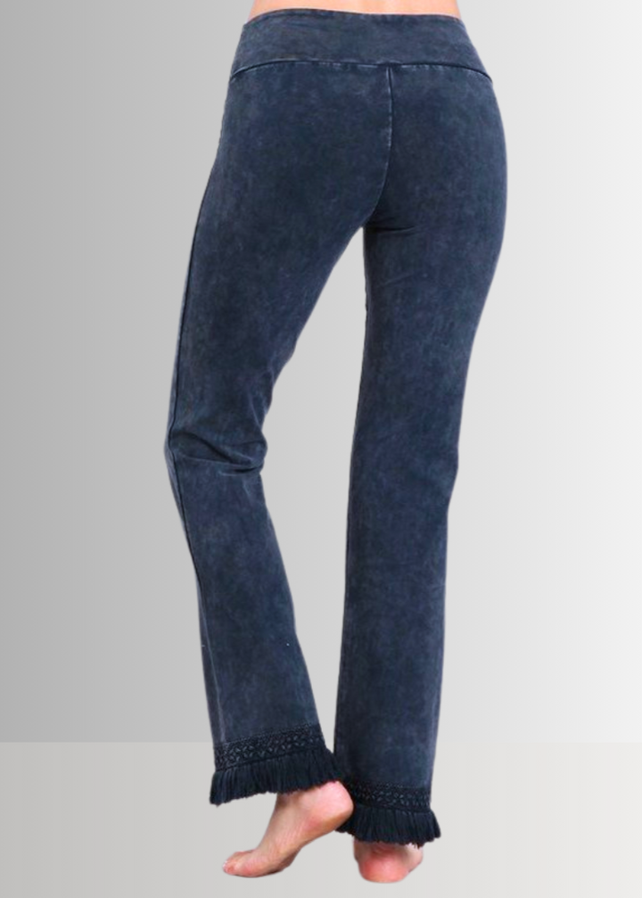 Denim Look USA Made Ladies Mineral Washed Cropped Straight Leg Pants with Crochet Fringe Hem | Style P30374 | Classy Cozy Cool Women's Made in America Clothing Boutique