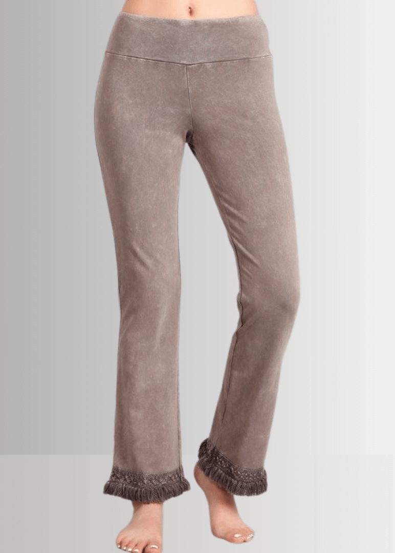 USA Made Women's Misses Mineral Washed Cotton Cropped Straight Leg Pants Jeggings with Crochet Fringed Hem  | P30374 | Classy Cozy Cool Made in USA Boutique