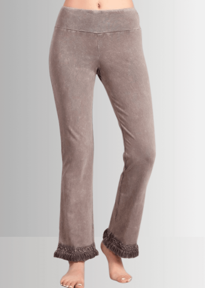USA Made Women's Misses Mineral Washed Cotton Cropped Straight Leg Pants Jeggings with Crochet Fringed Hem  | P30374 | Classy Cozy Cool Made in USA Boutique