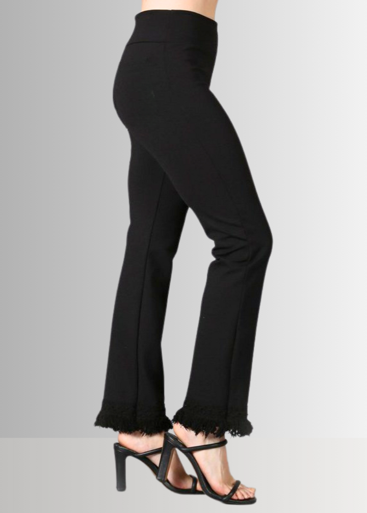 Denim Look USA Made Ladies Mineral Washed Cropped Straight Leg Pants with Crochet Fringe Hem | Style P30374 | Classy Cozy Cool Women's Made in America Clothing Boutique