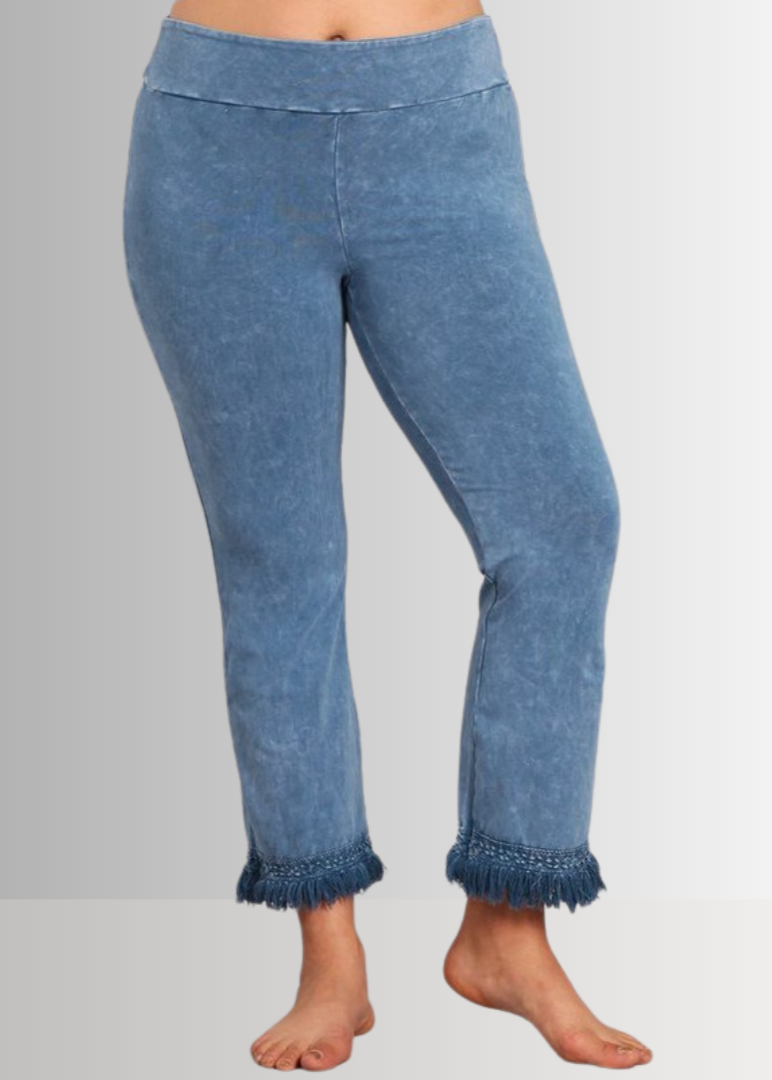 Denim Look USA Made Ladies Mineral Washed Plus Size Cropped Straight Leg Pants with Crochet Fringe Hem | Style P30374 | Classy Cozy Cool Women's Made in America Clothing Boutique