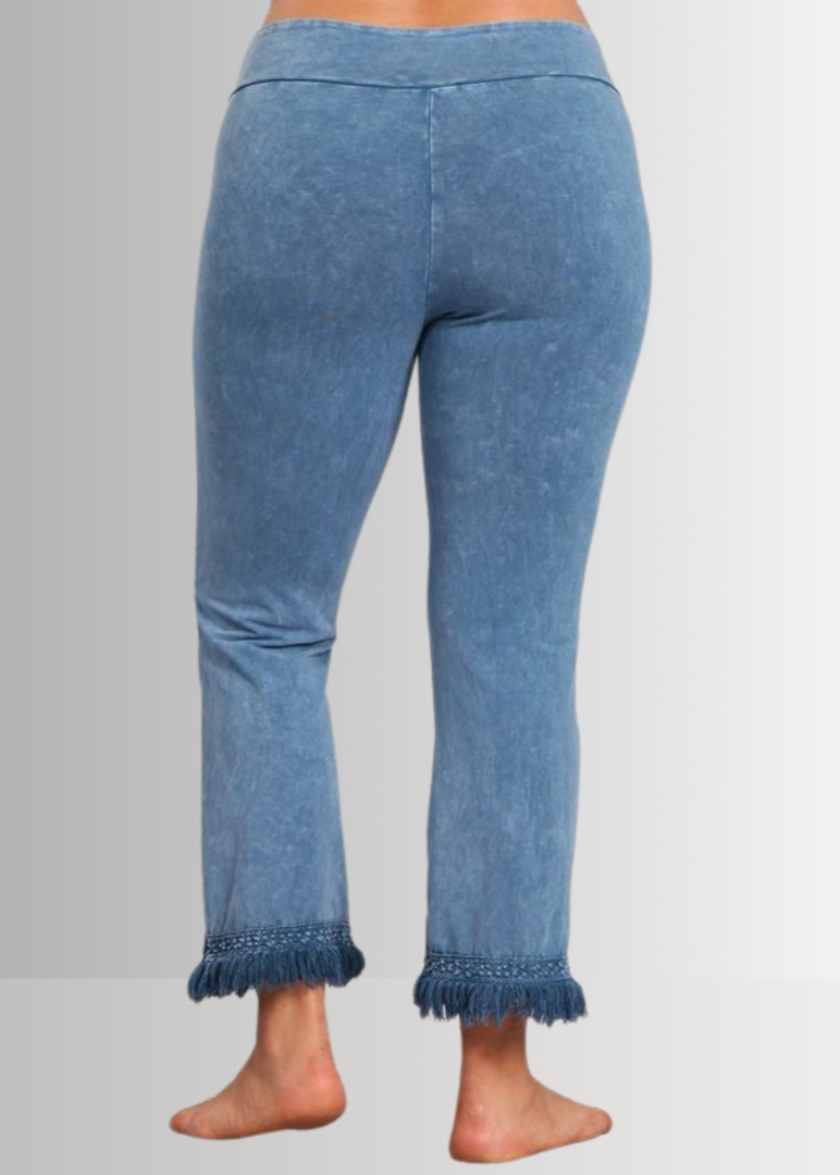 Denim Look USA Made Ladies Mineral Washed Plus Size Cropped Straight Leg Pants with Crochet Fringe Hem | Style P30374 | Classy Cozy Cool Women's Made in America Clothing Boutique