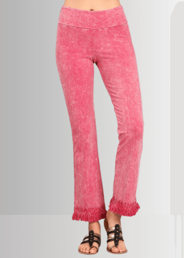 USA Made Women's Misses Mineral Washed Cotton Cropped Straight Leg Pants Jeggings with Crochet Fringed Hem  | P30374 | Classy Cozy Cool Made in USA Boutique