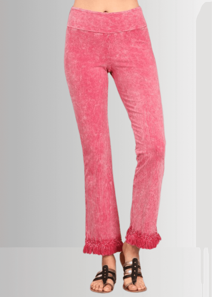USA Made Women's Misses Mineral Washed Cotton Cropped Straight Leg Pants Jeggings with Crochet Fringed Hem  | P30374 | Classy Cozy Cool Made in USA Boutique