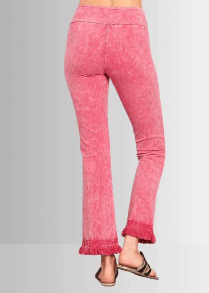 USA Made Women's Misses Mineral Washed Cotton Cropped Straight Leg Pants Jeggings with Crochet Fringed Hem  | P30374 | Classy Cozy Cool Made in USA Boutique