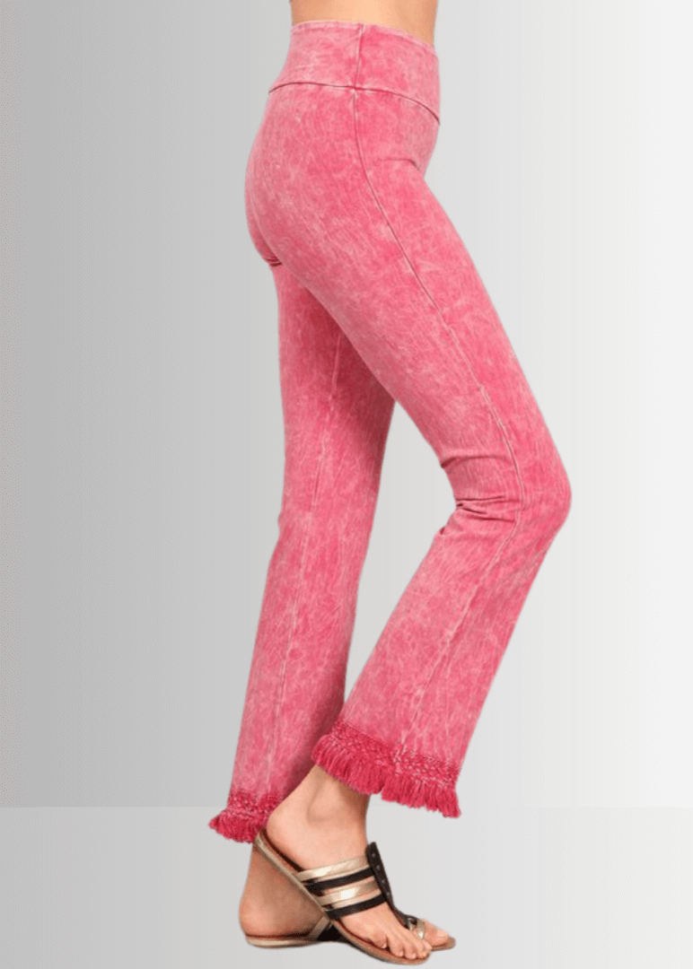 USA Made Women's Misses Mineral Washed Cotton Cropped Straight Leg Pants Jeggings with Crochet Fringed Hem  | P30374 | Classy Cozy Cool Made in USA Boutique