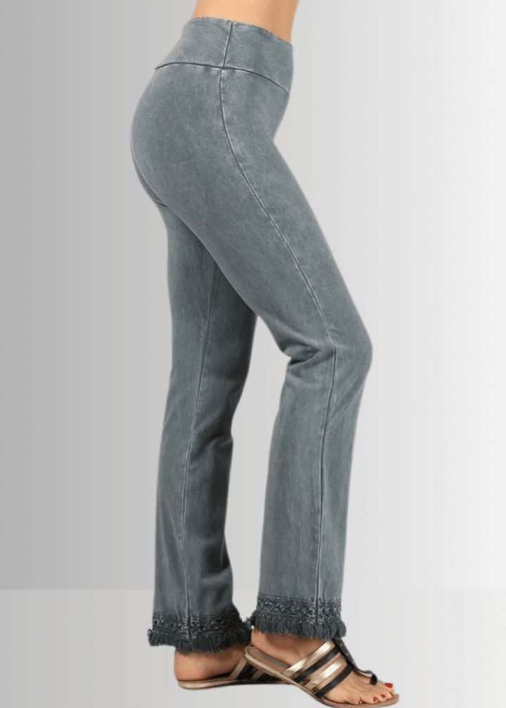 USA Made Women's Misses Mineral Washed Cotton Cropped Straight Leg Pants Jeggings with Crochet Fringed Hem  | P30374 | Classy Cozy Cool Made in USA Boutique
