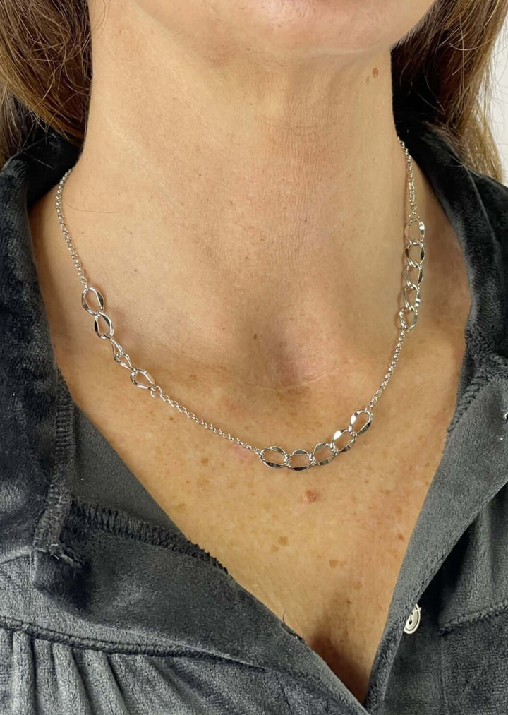 Made in USA, Cinco Women's Silver Plated Fashion Chain Necklace by Artist Anuja Tolia is made of Silver Plated Stainless Steel Chain