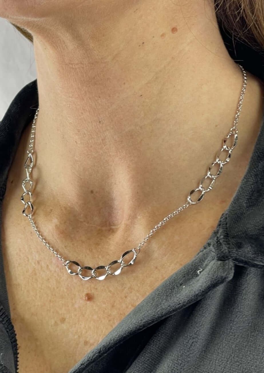 Made in USA, Cinco Women's Silver Plated Fashion Chain Necklace by Artist Anuja Tolia is made of Silver Plated Stainless Steel Chain