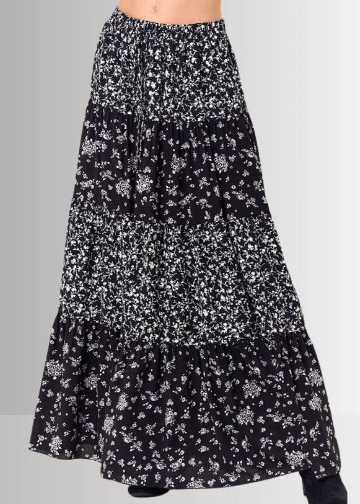 Made in USA Women's Black and White Elastic Waist Floral Tiered Flowy Maxi Skirt with pockets Soft, 100% Rayon, Style SS1223A | Classy Cozy Cool Made in America Boutique