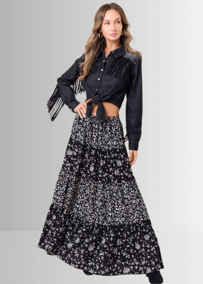 Made in USA Women's Black and White Elastic Waist Floral Tiered Flowy Maxi Skirt with pockets Soft, 100% Rayon, Style SS1223A | Classy Cozy Cool Made in America Boutique