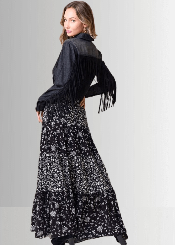 Made in USA Women's Black and White Elastic Waist Floral Tiered Flowy Maxi Skirt with pockets Soft, 100% Rayon, Style SS1223A | Classy Cozy Cool Made in America Boutique