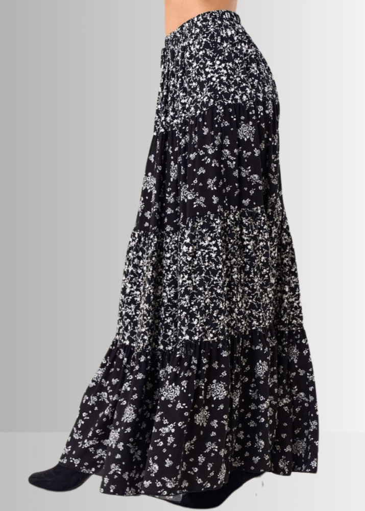 Made in USA Women's Black and White Elastic Waist Floral Tiered Flowy Maxi Skirt with pockets Soft, 100% Rayon, Style SS1223A | Classy Cozy Cool Made in America Boutique