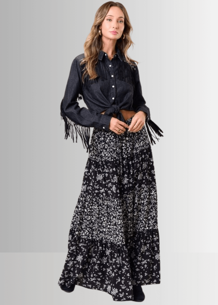 Made in USA Women's Black and White Elastic Waist Floral Tiered Flowy Maxi Skirt with pockets Soft, 100% Rayon, Style SS1223A | Classy Cozy Cool Made in America Boutique