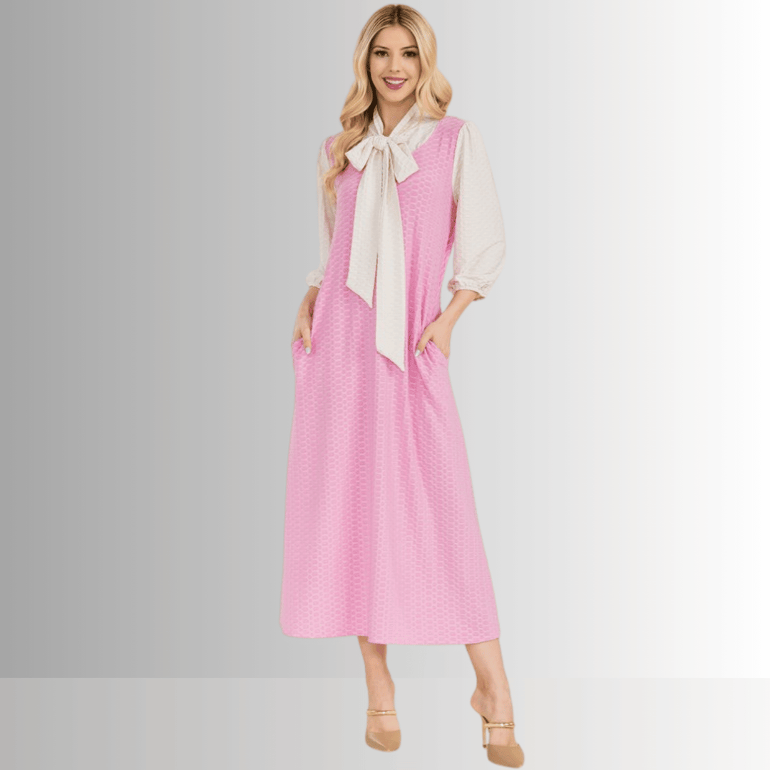 Made in USA Women's Classic Bow Tie Pink and Cream Modest midi dress Made with Honeycomb Pattern Jersey Fabric, 3/4 Length Puff Sleeves | Classy Cozy Cool Made in America Boutique
