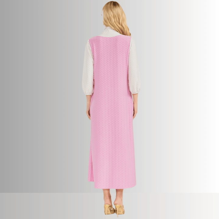 Made in USA Women's Classic Bow Tie Pink and Cream Modest midi dress Made with Honeycomb Pattern Jersey Fabric, 3/4 Length Puff Sleeves | Classy Cozy Cool Made in America Boutique