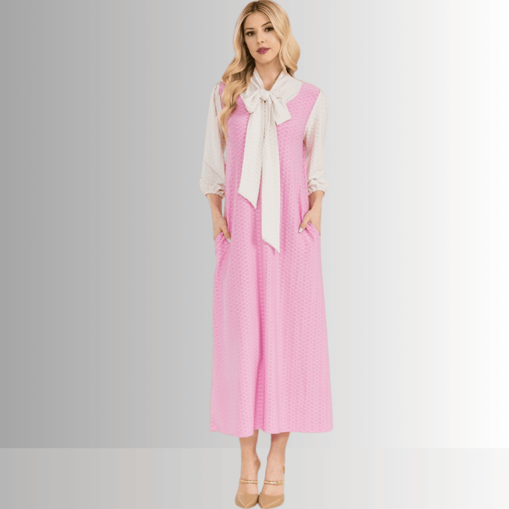 Made in USA Women's Classic Bow Tie Pink and Cream Modest midi dress Made with Honeycomb Pattern Jersey Fabric, 3/4 Length Puff Sleeves | Classy Cozy Cool Made in America Boutique
