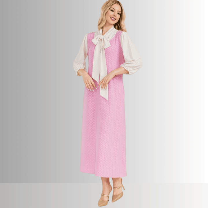 Made in USA Women's Classic Bow Tie Pink and Cream Modest midi dress Made with Honeycomb Pattern Jersey Fabric, 3/4 Length Puff Sleeves | Classy Cozy Cool Made in America Boutique