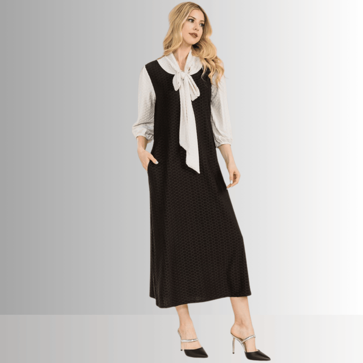 Made in USA Women's Classic Bow Tie Black and Cream Modest midi dress Made with Honeycomb Pattern Jersey Fabric, 3/4 Length Puff Sleeves | Classy Cozy Cool Made in America Boutique
