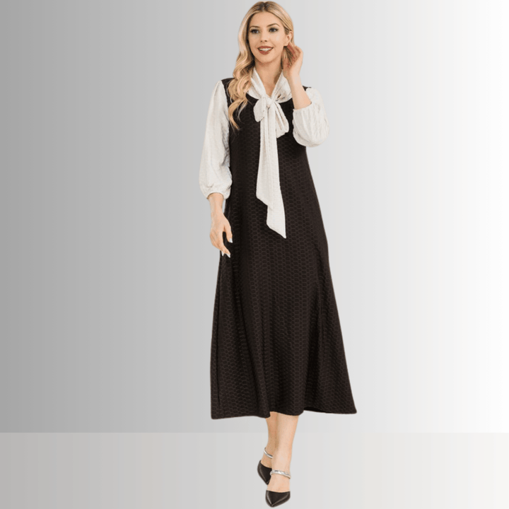 Made in USA Women's Classic Bow Tie Black and Cream Modest midi dress Made with Honeycomb Pattern Jersey Fabric, 3/4 Length Puff Sleeves | Classy Cozy Cool Made in America Boutique
