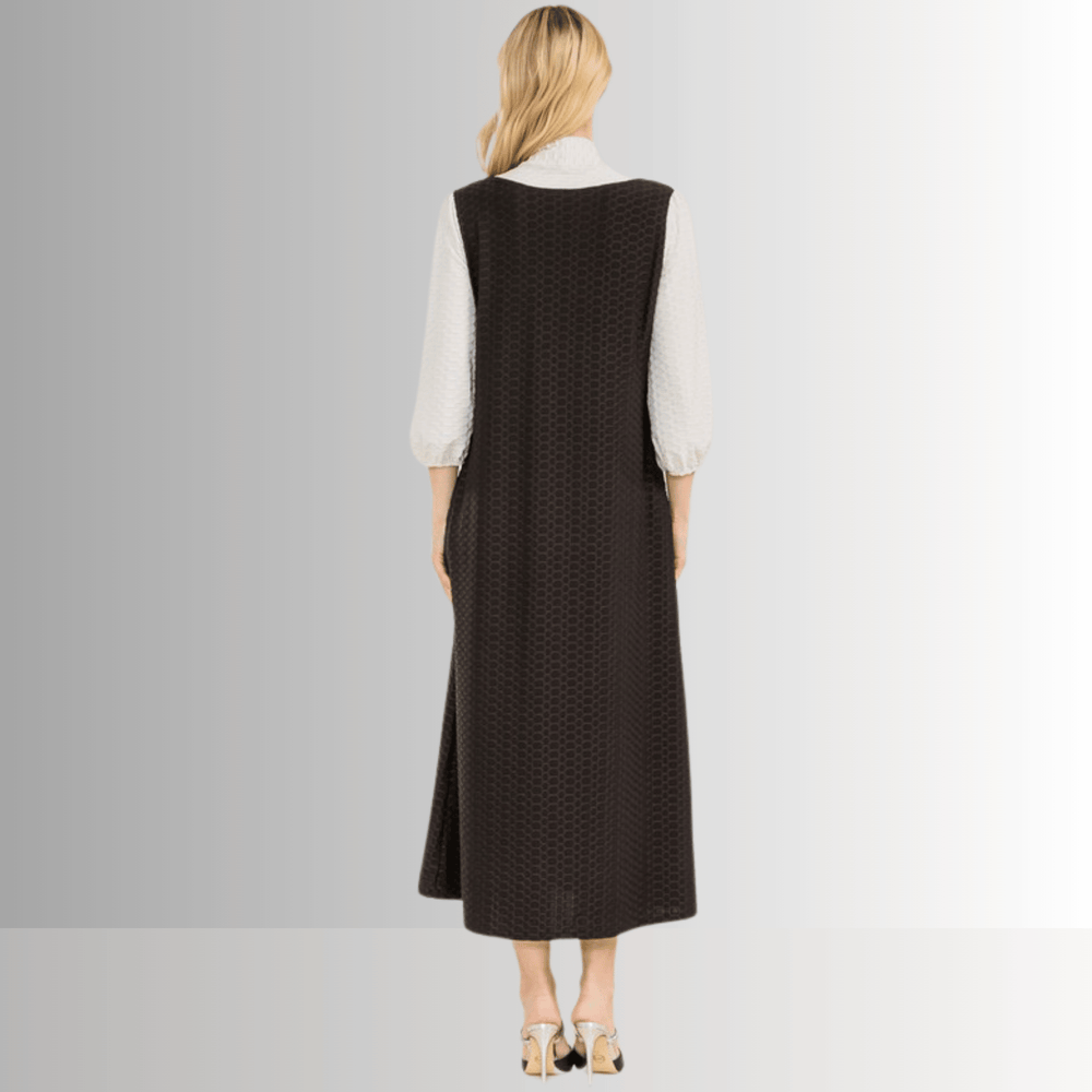 Made in USA Women's Classic Bow Tie Black and Cream Modest midi dress Made with Honeycomb Pattern Jersey Fabric, 3/4 Length Puff Sleeves | Classy Cozy Cool Made in America Boutique