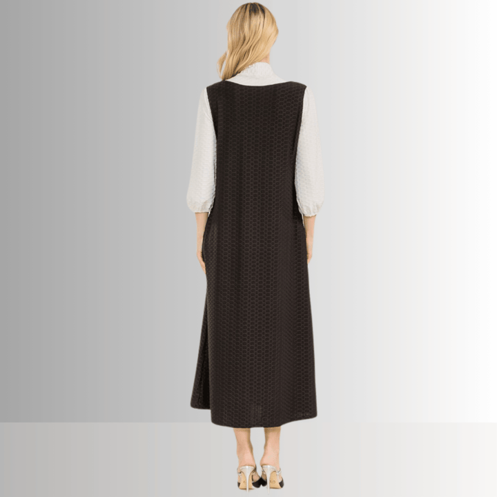 Made in USA Women's Classic Bow Tie Black and Cream Modest midi dress Made with Honeycomb Pattern Jersey Fabric, 3/4 Length Puff Sleeves | Classy Cozy Cool Made in America Boutique