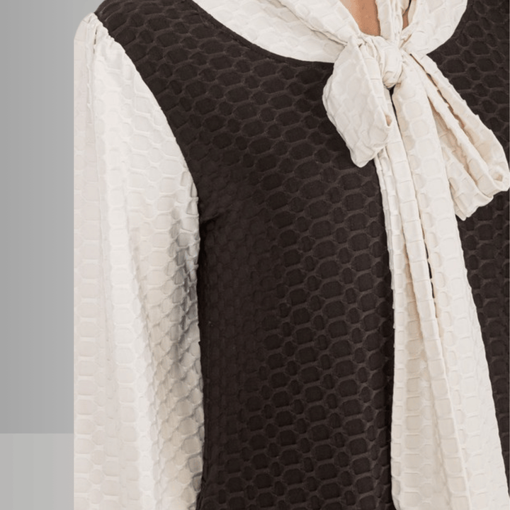 Made in USA Women's Classic Bow Tie Black and Cream Modest midi dress Made with Honeycomb Pattern Jersey Fabric, 3/4 Length Puff Sleeves | Classy Cozy Cool Made in America Boutique