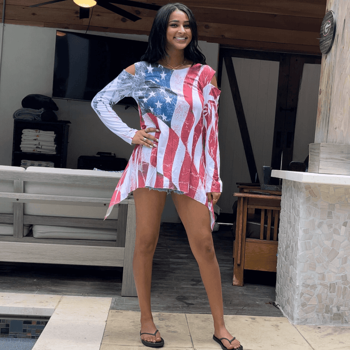 USA Made Women's Patriotic American Flag Cold Shoulder Asymmetrical Hem Tunic Distressed American Flag Graphic | Classy Cozy Cool Women's Made in America Boutique