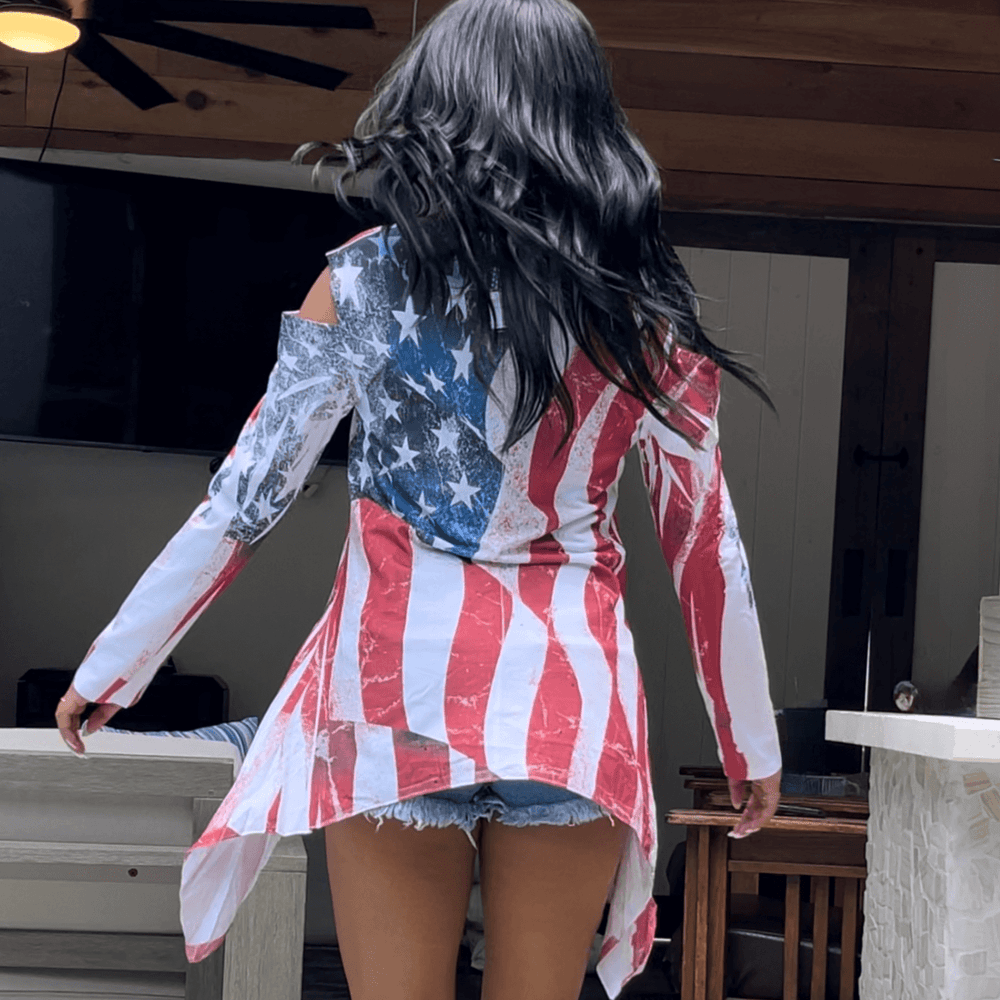 USA Made Women's Patriotic American Flag Cold Shoulder Asymmetrical Hem Tunic Distressed American Flag Graphic | Classy Cozy Cool Women's Made in America Boutique