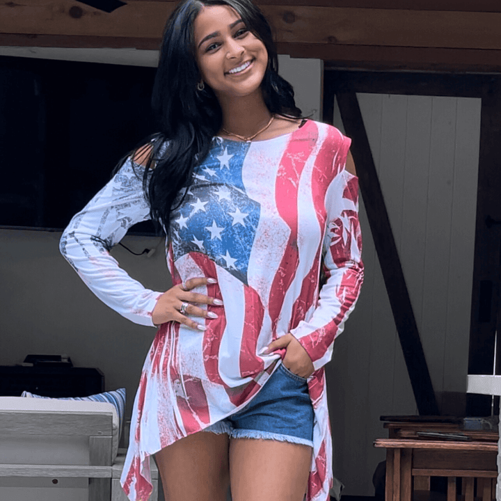 USA Made Women's Patriotic American Flag Cold Shoulder Asymmetrical Hem Tunic Distressed American Flag Graphic | Classy Cozy Cool Women's Made in America Boutique