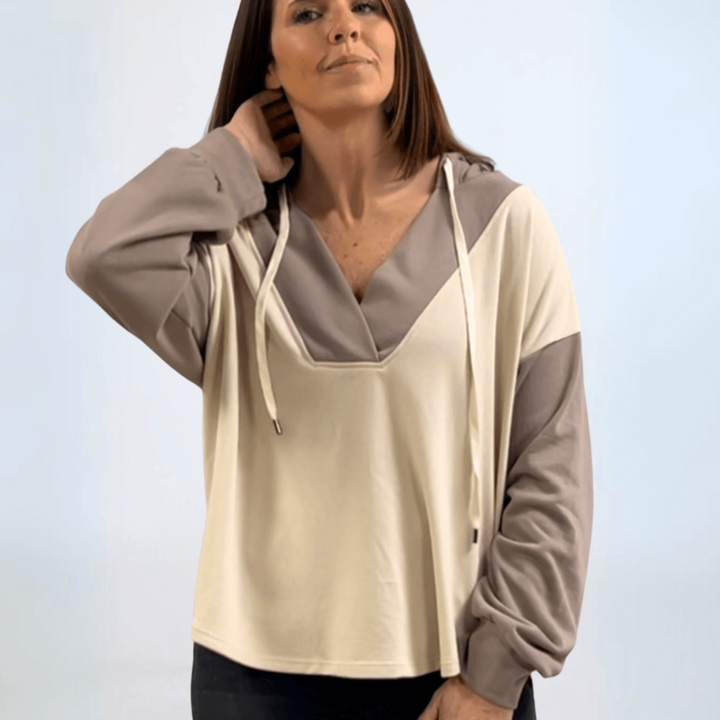Made in USA Women's Contrast Oversized Hoodie Sweatshirt Hoodie with Drawstring, Deep V-Neck, Drop Shoulder, 2-Tone Contrast Available in Sage/White and Beige/Taupe | Classy Cozy Cool Made in America Boutique