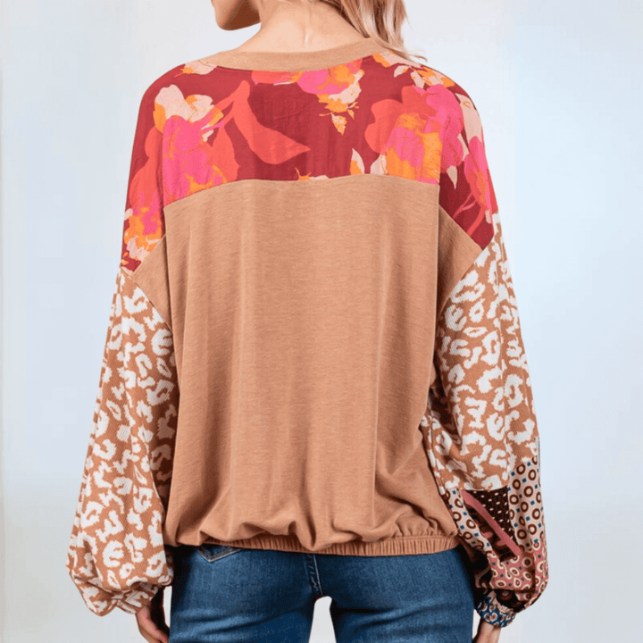Made in USA Women's Mixed Media Color Block Animal and Floral Print Long Sleeve Relaxed Fit Top with Elastic Cuffs and Elastic Banded Hem | Classy Cozy Cool Made in America Boutique