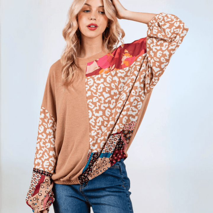 Made in USA Women's Mixed Media Color Block Animal and Floral Print Long Sleeve Relaxed Fit Top with Elastic Cuffs and Elastic Banded Hem | Classy Cozy Cool Made in America Boutique