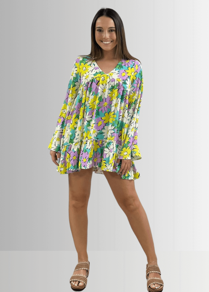 Made in USA Women's Vivid Colorful Retro Floral Print Long Sleeve V Neck Mini Dress | Classy Cozy Cool Made in America Boutique