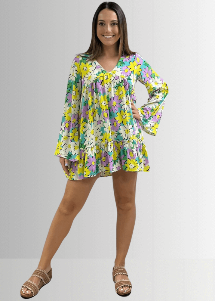 Made in USA Women's Vivid Colorful Retro Floral Print Long Sleeve V Neck Mini Dress | Classy Cozy Cool Made in America Boutique