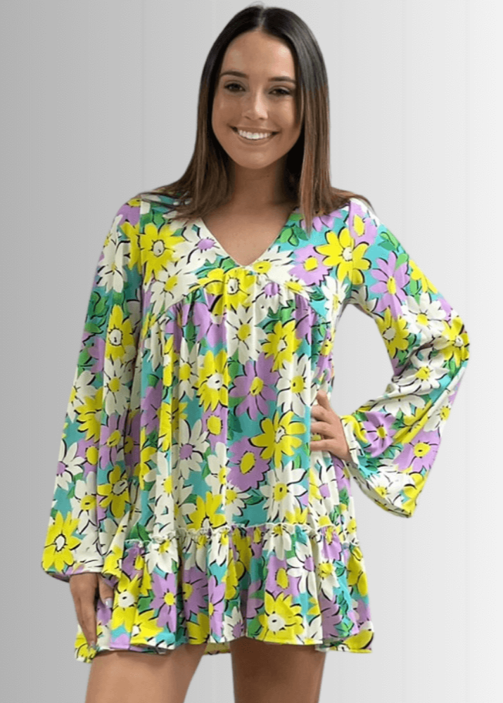 Made in USA Women's Vivid Colorful Retro Floral Print Long Sleeve V Neck Mini Dress | Classy Cozy Cool Made in America Boutique