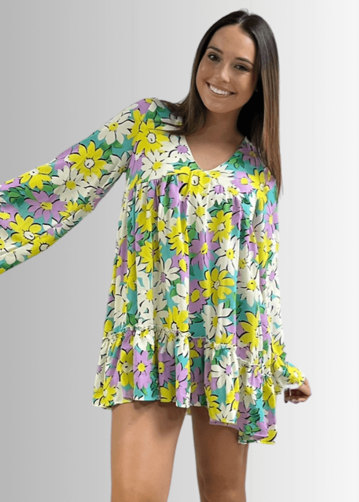 Made in USA Women's Vivid Colorful Retro Floral Print Long Sleeve V Neck Mini Dress | Classy Cozy Cool Made in America Boutique