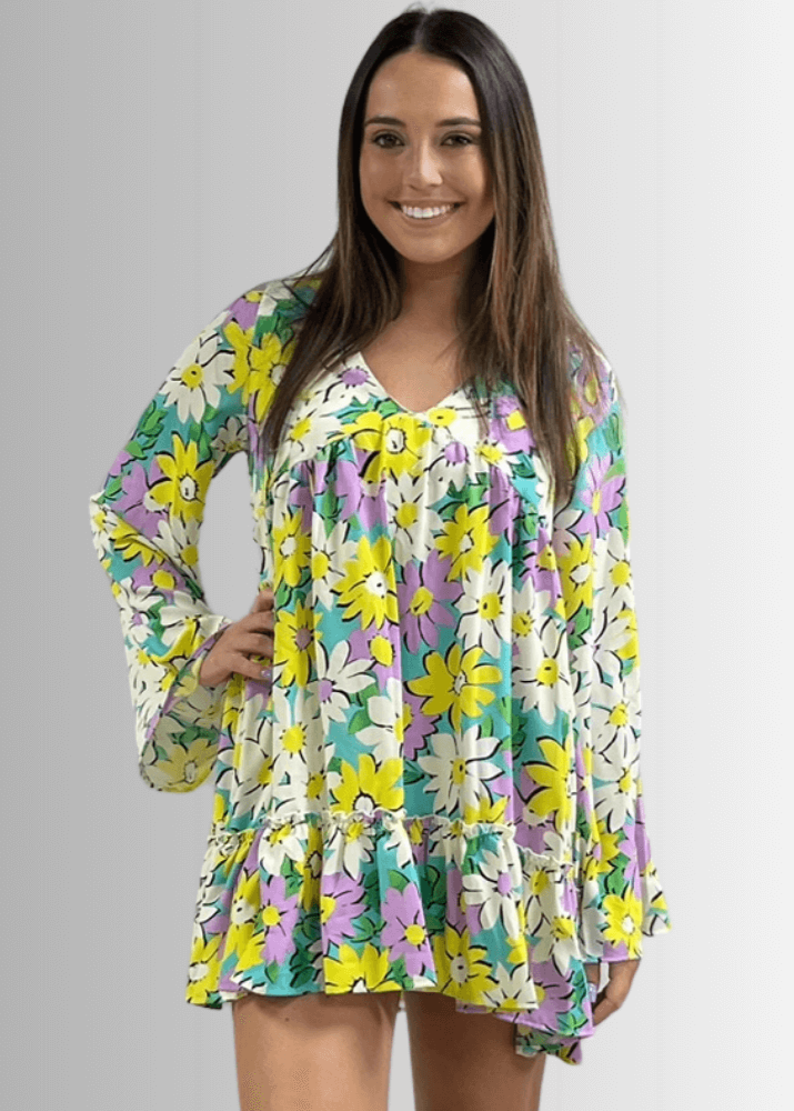 Made in USA Women's Vivid Colorful Retro Floral Print Long Sleeve V Neck Mini Dress | Classy Cozy Cool Made in America Boutique