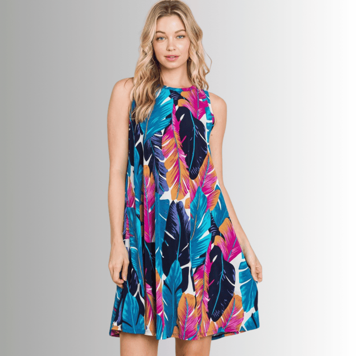 Made in USA Women's Vivid Colorful Feather Print Sleeveless Round Neck Beach or Summer Knee Length Mini Dress | Classy Cozy Cool Made in America Boutique