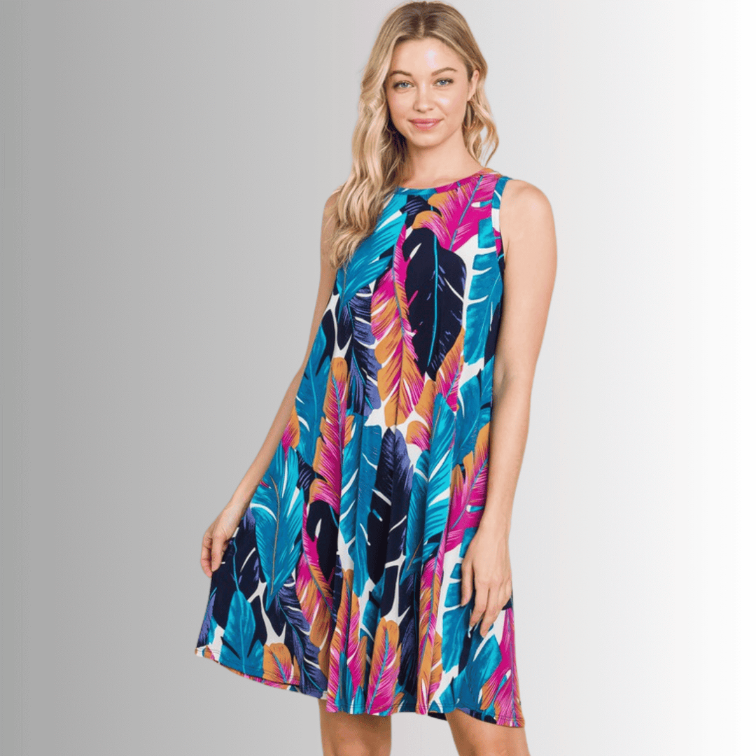 Made in USA Women's Vivid Colorful Feather Print Sleeveless Round Neck Beach or Summer Knee Length Mini Dress | Classy Cozy Cool Made in America Boutique
