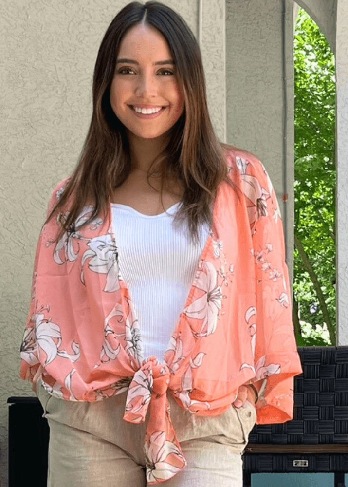 Made in USA Women's Tie Front Semi-Sheer Accent Draped Kimono Cardigan with Dolman Wide Sleeves in Floral Pattern in Coral | Bucket List Style T1362 | Classy Cozy Cool Women's Made in America Boutique