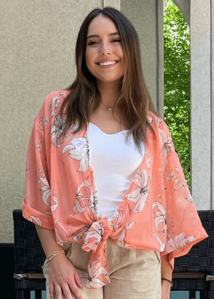 Made in USA Women's Tie Front Semi-Sheer Accent Draped Kimono Cardigan with Dolman Wide Sleeves in Floral Pattern in Coral | Bucket List Style T1362 | Classy Cozy Cool Women's Made in America Boutique