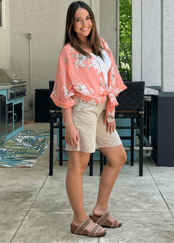 Made in USA Women's Tie Front Semi-Sheer Accent Draped Kimono Cardigan with Dolman Wide Sleeves in Floral Pattern in Coral | Bucket List Style T1362 | Classy Cozy Cool Women's Made in America Boutique