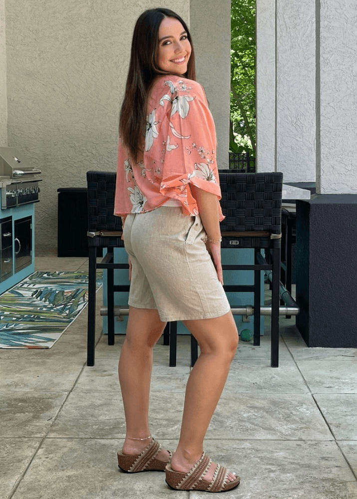 Made in USA Women's Tie Front Semi-Sheer Accent Draped Kimono Cardigan with Dolman Wide Sleeves in Floral Pattern in Coral | Bucket List Style T1362 | Classy Cozy Cool Women's Made in America Boutique