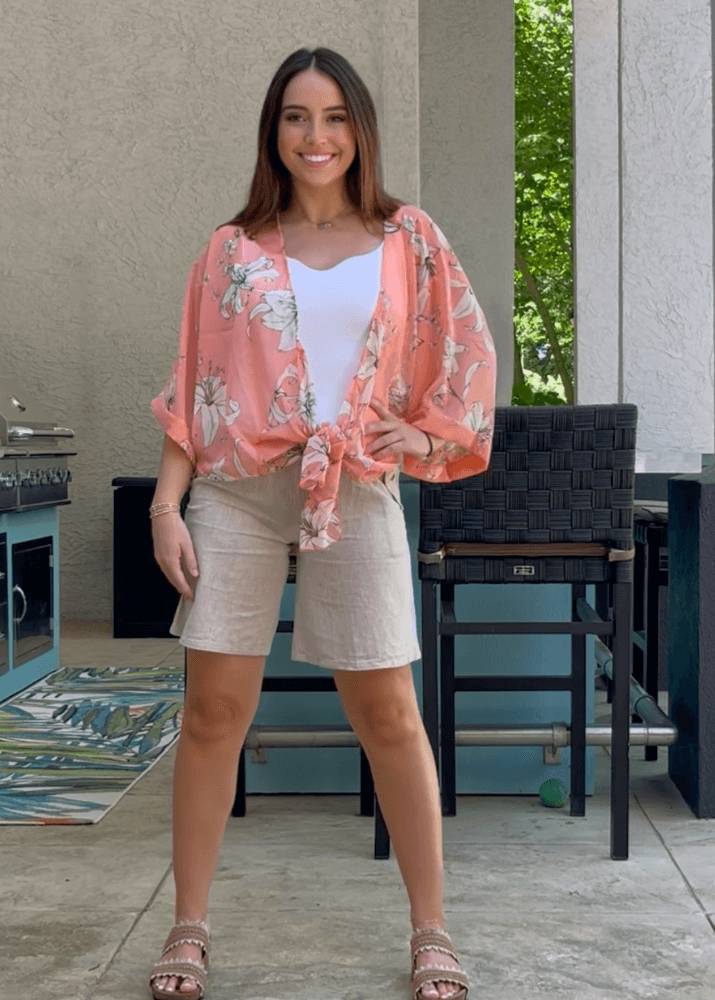Made in USA Women's Tie Front Semi-Sheer Accent Draped Kimono Cardigan with Dolman Wide Sleeves in Floral Pattern in Coral | Bucket List Style T1362 | Classy Cozy Cool Women's Made in America Boutique