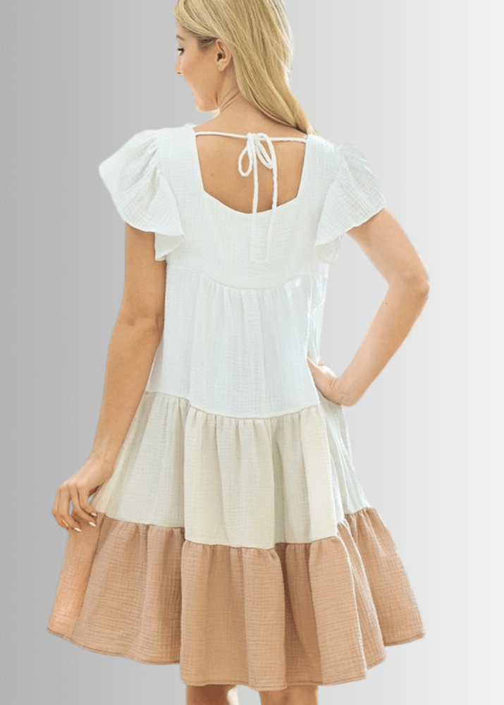 Women's Color Block Cotton Mini Dress, Short Ruffled Cap Sleeves, Mini/Knee Length, Color Block Tiers, Soft Textured Cotton Gauze Material, Square Neckline, 100% Cotton | Classy Cozy Cool Made in America Boutique