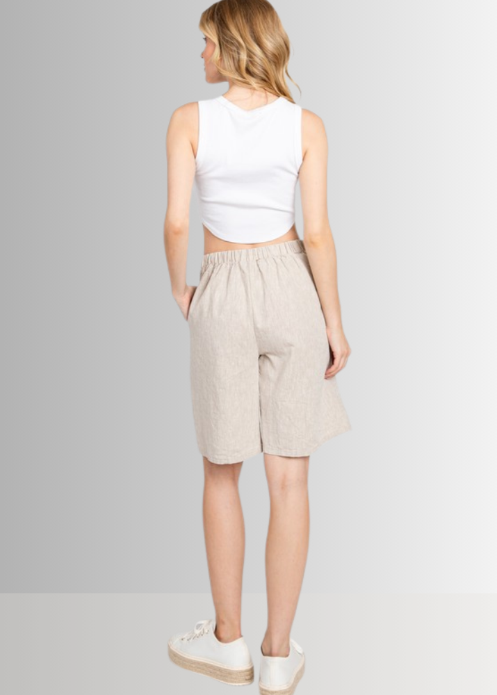 Made in USA Women's Premium Linen and Cotton Natural Longer Length Shorts, Elastic on Back Waist, Side Pockets, Darts Button Detail, 55% Flax Linen, 45% Cotton | Classy Cozy Cool Made in America Boutique